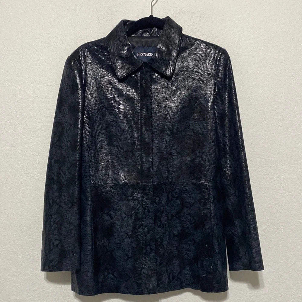 Bernardo Womens Black Animal Print Genuine Leather Collared Leather Jacket Sz M